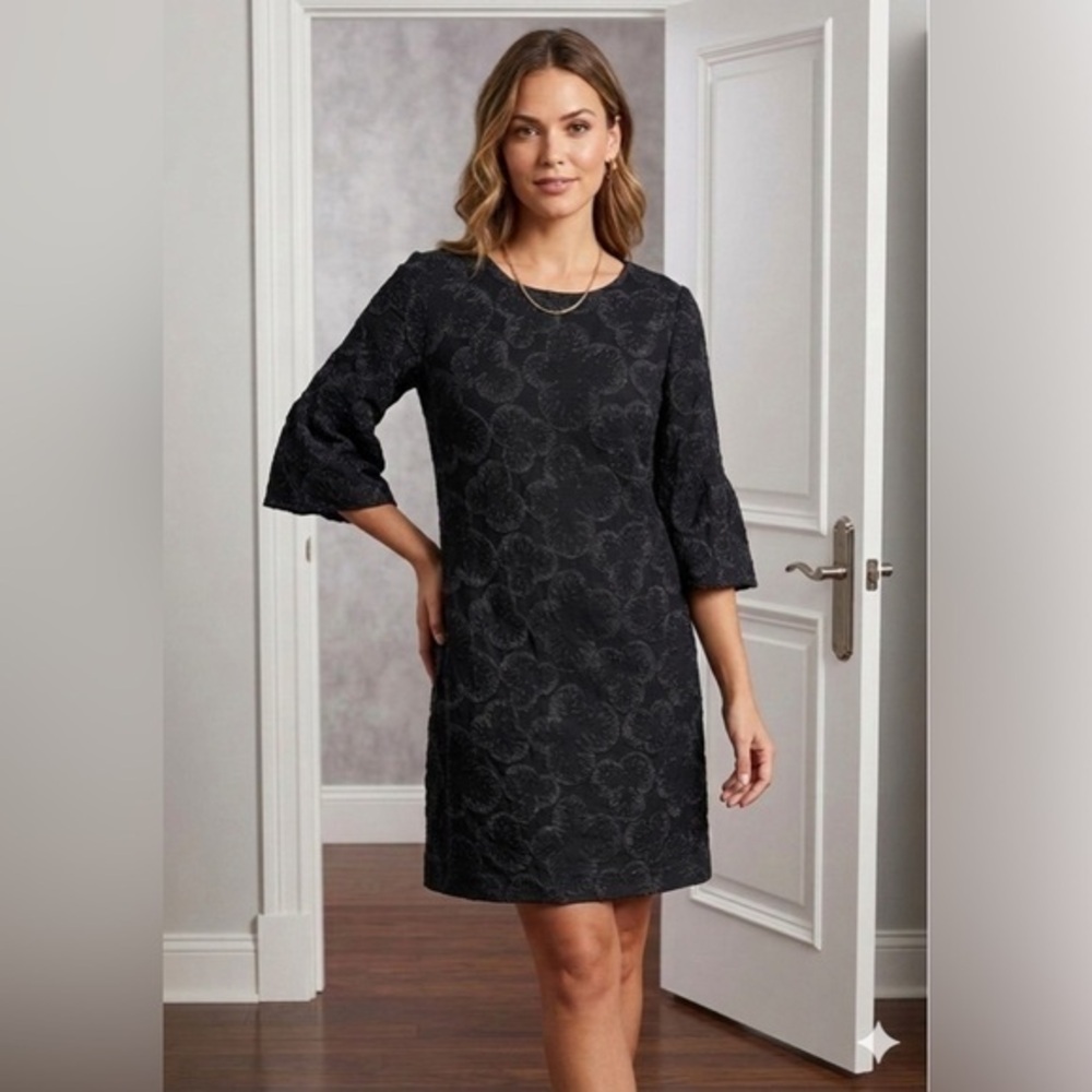 French Connection Women’s 2 Black Embroidered Bell Sleeve Mini Shift Dress XS